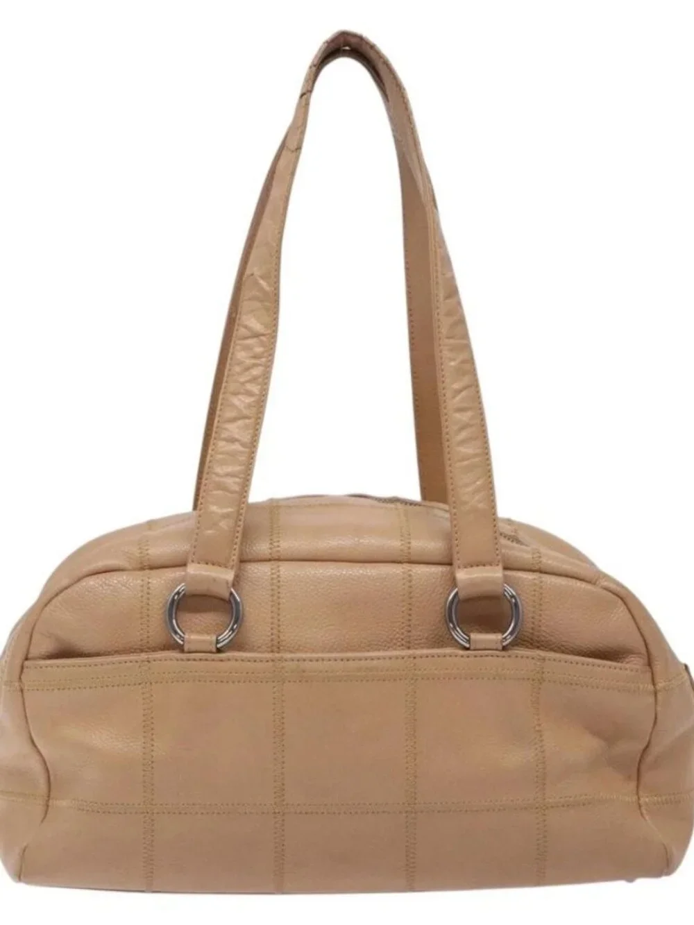 CHANEL Choco Bar Hand Bag Grained Calf Skin Beige Silver CC Auth 133063